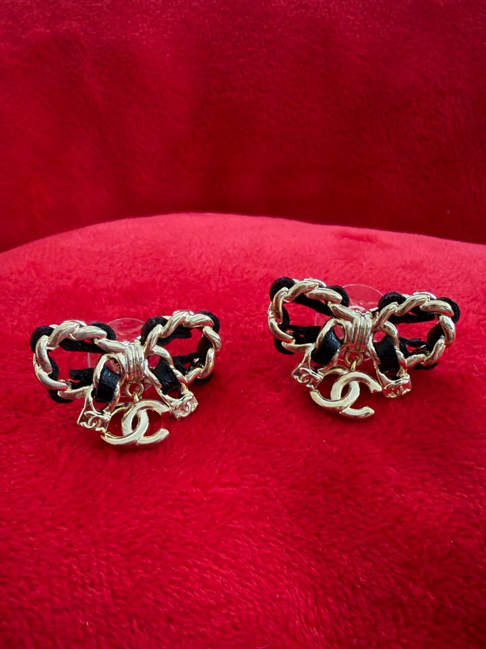 CC 18K Gold Chain Leather Bow Earrings
